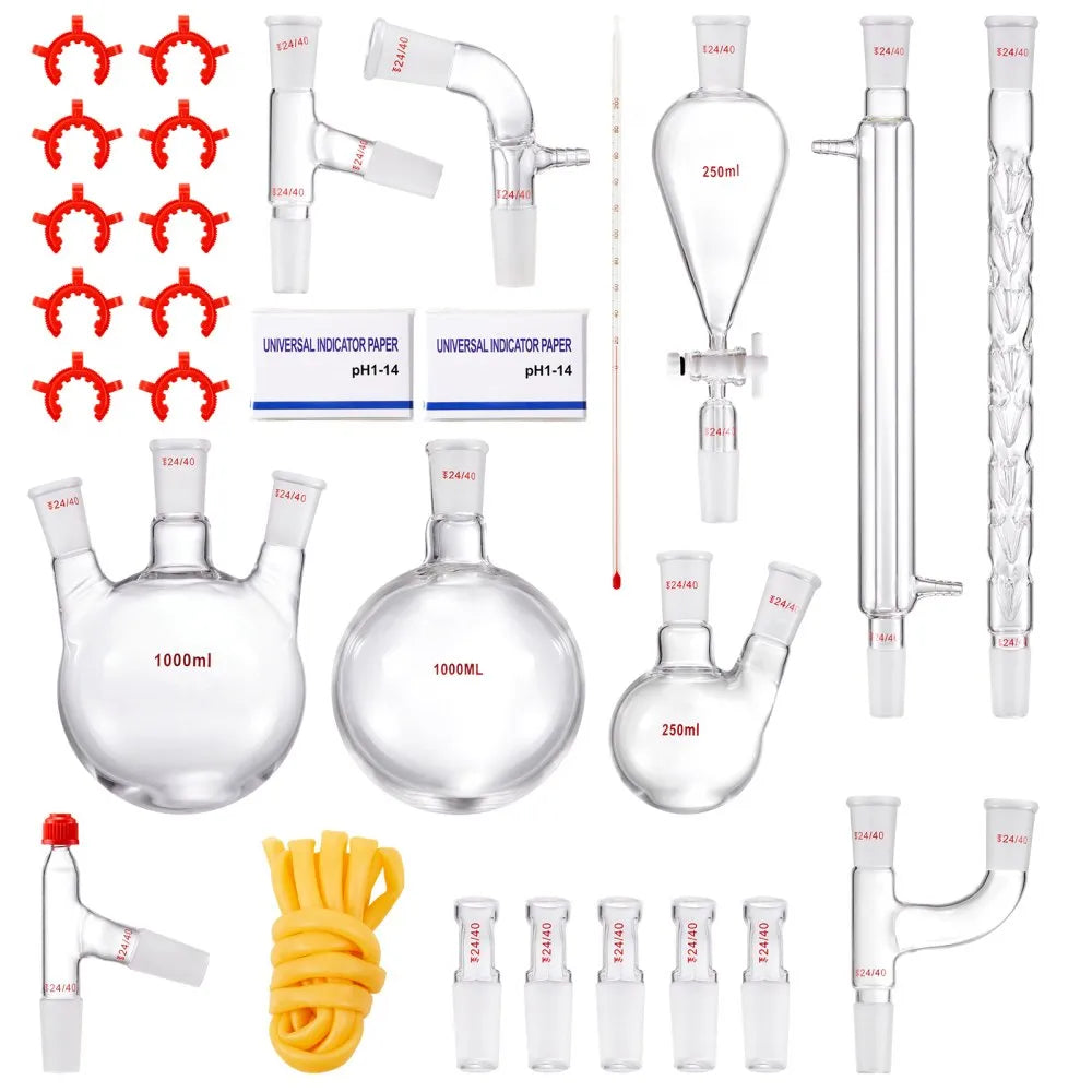 VEVOR Lab Distillation Kit, 3.3 Boro Lab Glassware Distillation Kit with 24, 40 Joint, 1000ml Essential Oil Distillation Apparatus Kit, 29 pcs Set of Glassware Equipment