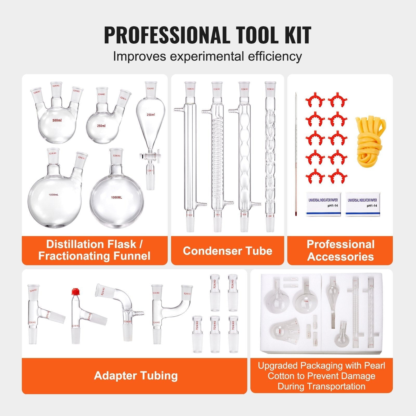 VEVOR Lab Distillation Kit, 3.3 Boro Lab Glassware Distillation Kit with 24, 40 Joint, 1000ml Essential Oil Distillation Apparatus Kit, 32 pcs Set of Glassware Equipment
