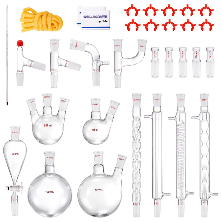 VEVOR Lab Distillation Kit, 3.3 Boro Lab Glassware Distillation Kit with 24, 40 Joint, 1000ml Essential Oil Distillation Apparatus Kit, 32 pcs Set of Glassware Equipment