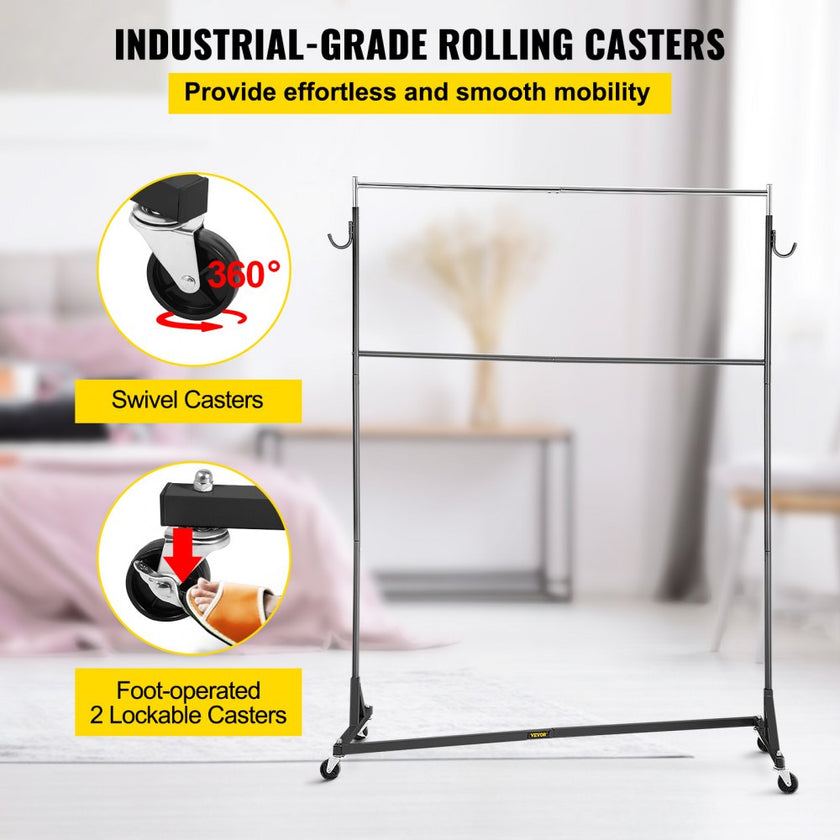 VEVOR Z Rack, Industrial Grade Z Base Garment Rack, Height Adjustable Rolling Z Garment Rack, Sturdy Steel Z Base Clothing Rack w/ Lockable Casters, for Home Clothing Store w/ Add-on Hang Rail Black