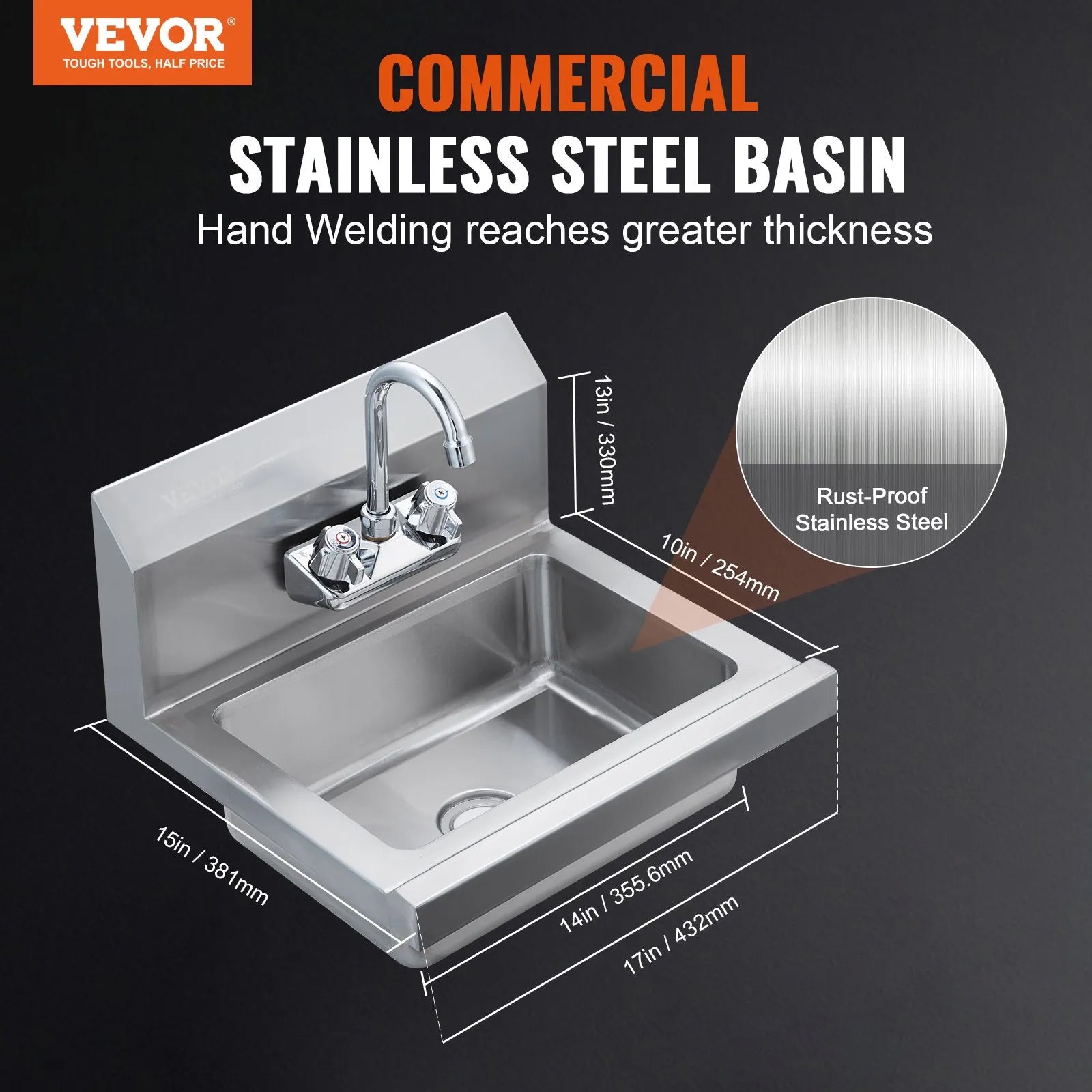 VEVOR Commercial Hand Sink with Faucet, NSF Stainless Steel Sink for Washing, Small Hand Washing Sink, Wall Mount Hand Basin, Utility Sink for Restaurant, Kitchen, Bar, Garage and Home, 17 x 12.8 inch