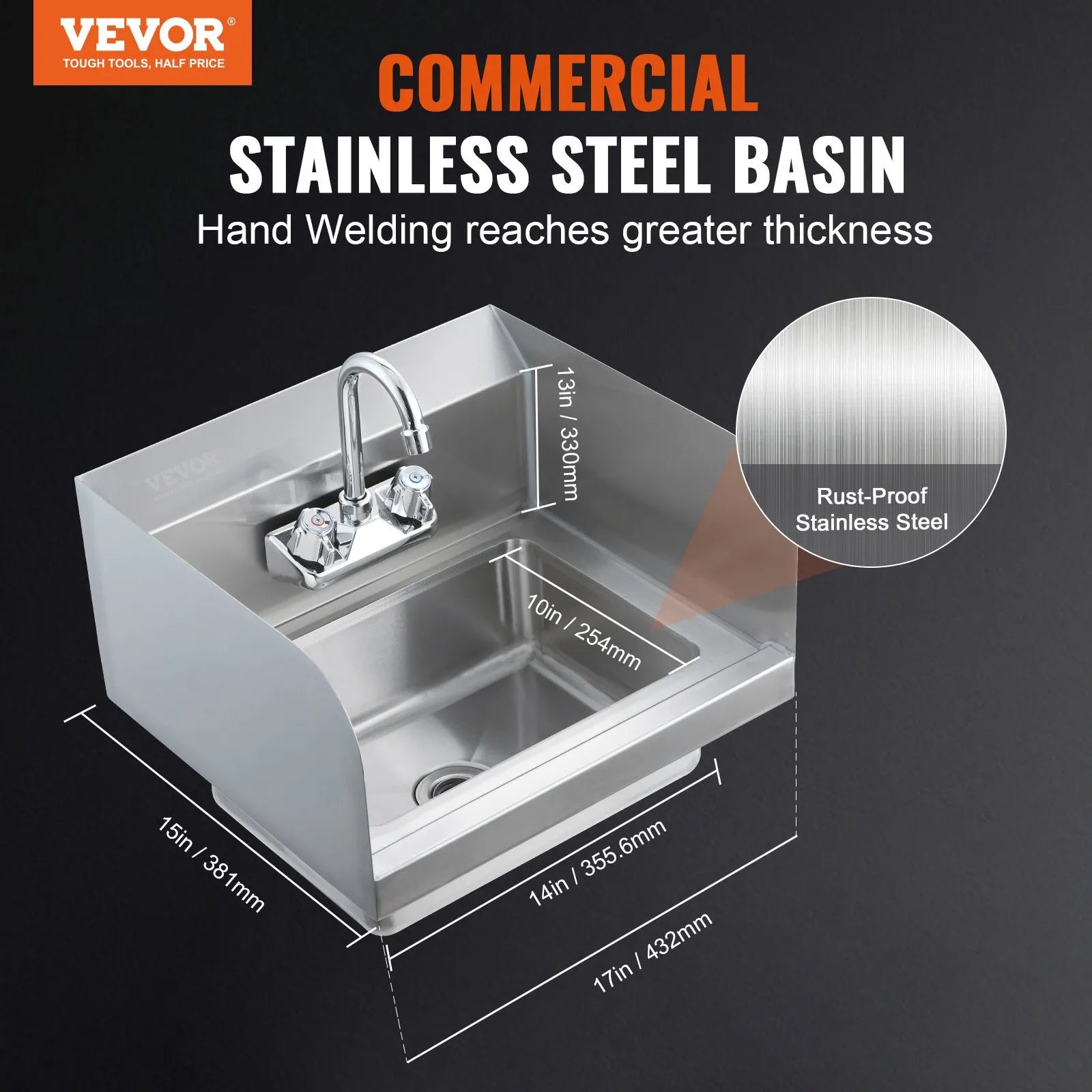 VEVOR Commercial Hand Sink with Faucet and Side Splash, NSF Stainless Steel Sink for Washing, Small Hand Washing Sink, Wall Mount Hand Basin for Restaurant, Kitchen, Bar, Garage and Home, 17x12.8 inch