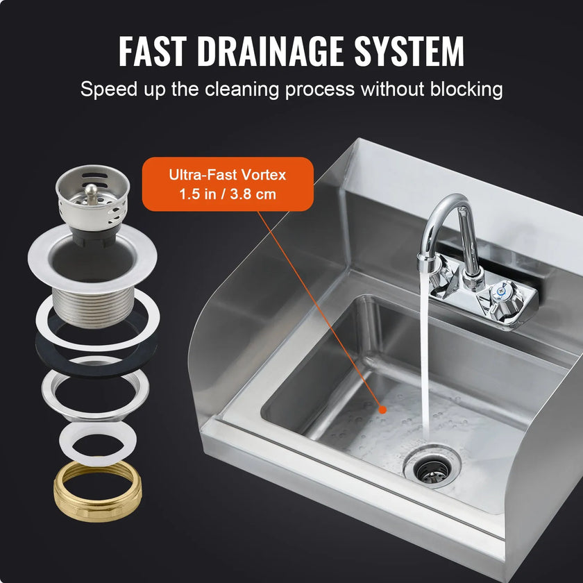 VEVOR Commercial Hand Sink with Faucet and Side Splash, NSF Stainless Steel Sink for Washing, Small Hand Washing Sink, Wall Mount Hand Basin for Restaurant, Kitchen, Bar, Garage and Home, 17x12.8 inch
