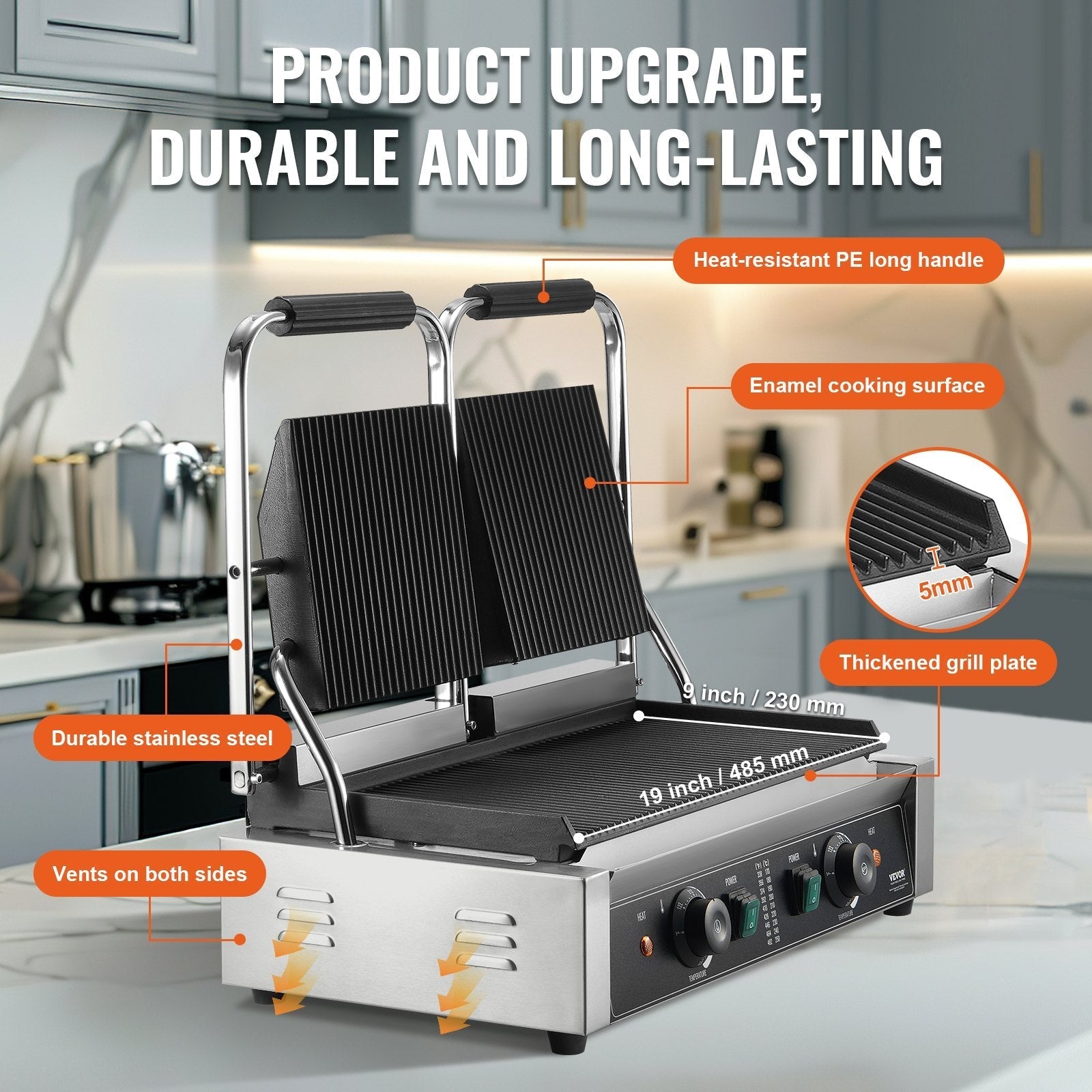 VEVOR Commercial Panini Press Grill Electric Sandwich Maker Griddle Plate 19