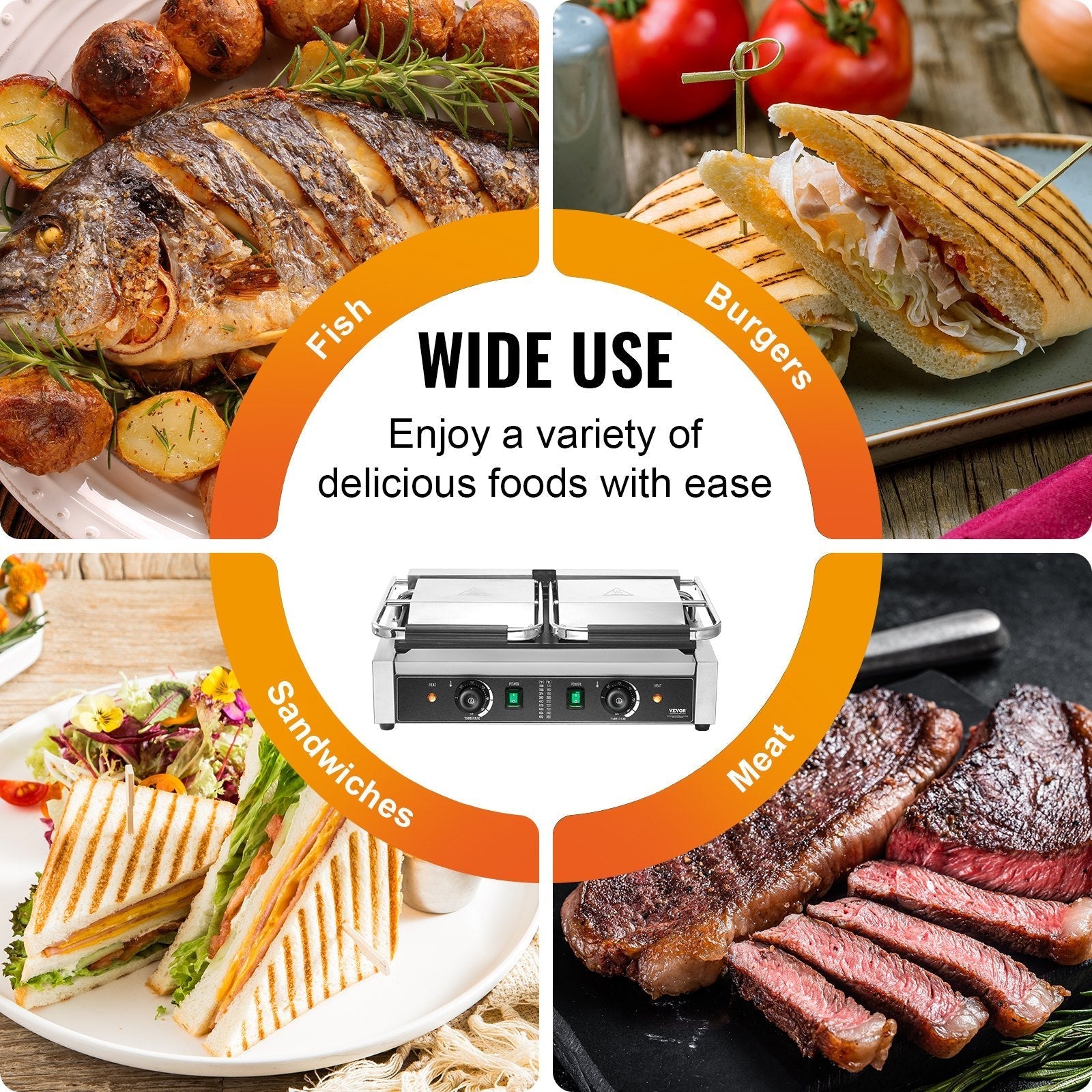 VEVOR Commercial Panini Press Grill Electric Sandwich Maker Griddle Plate 19