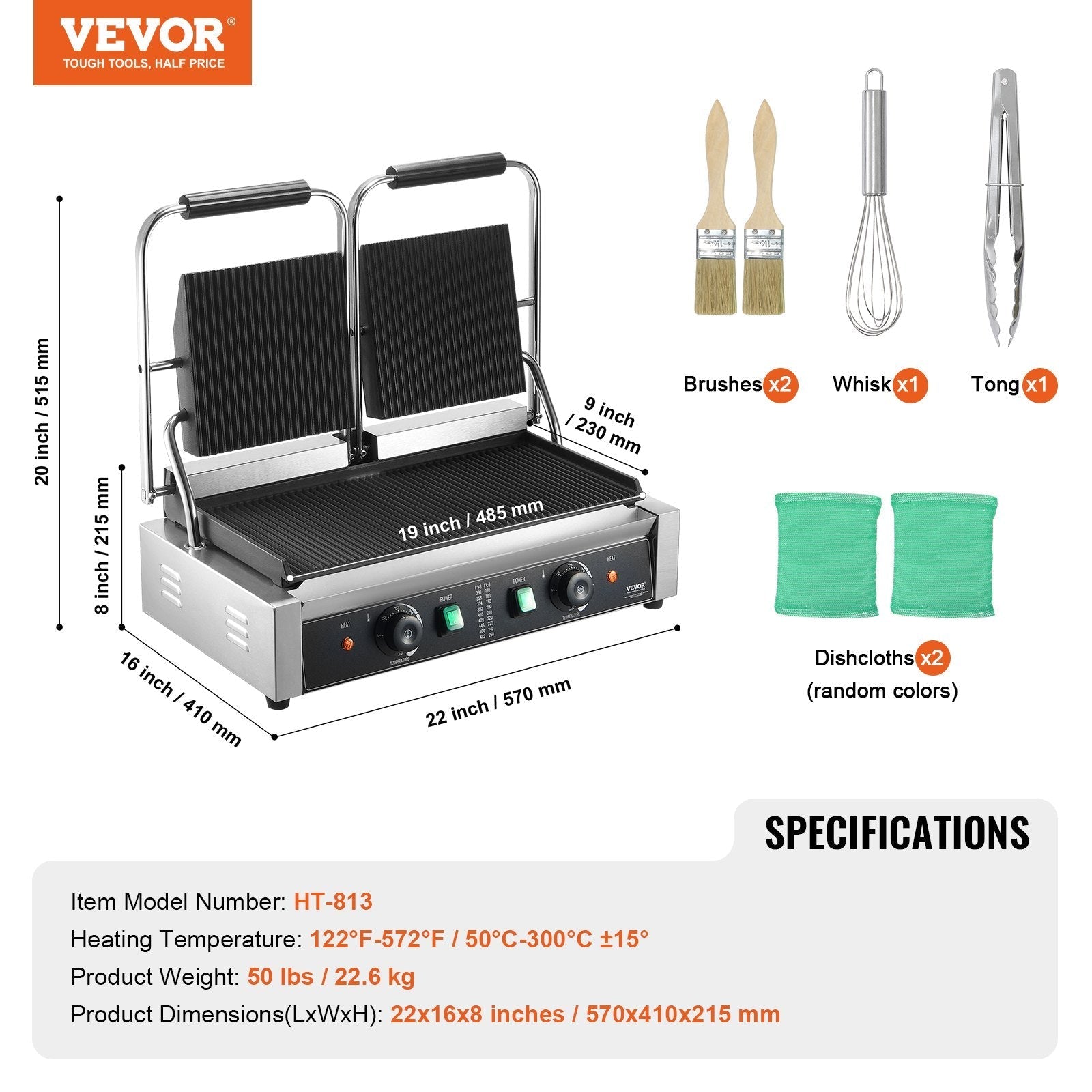 VEVOR Commercial Panini Press Grill Electric Sandwich Maker Griddle Plate 19