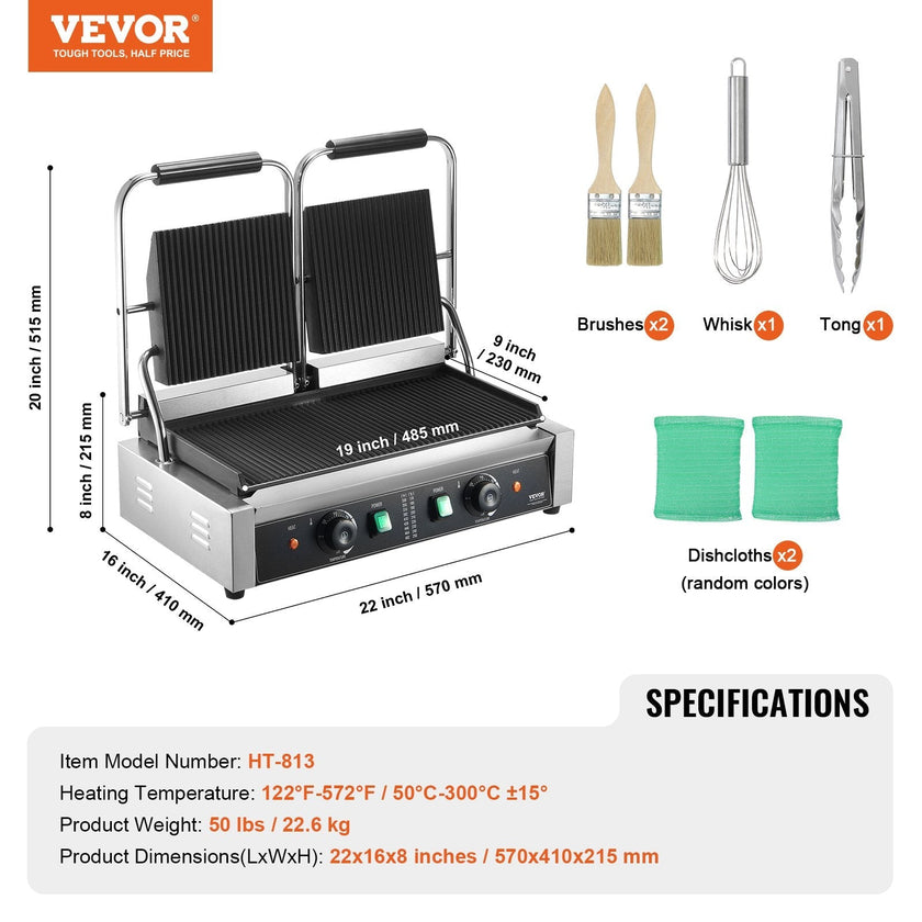 VEVOR Commercial Panini Press Grill Electric Sandwich Maker Griddle Plate 19