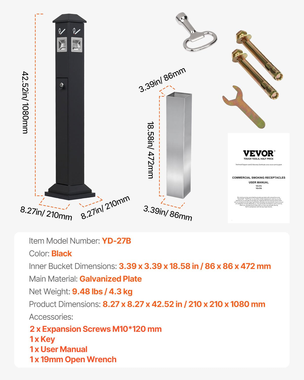 VEVOR Cigarette Butt Receptacle with 4 Disposal Openings Butt Disposal Black
