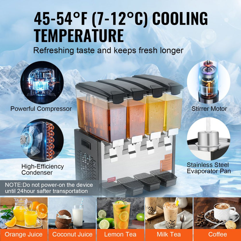 VEVOR Commercial Beverage Dispenser 10L x 4 Tanks Cold Juice Ice Drink Dispenser
