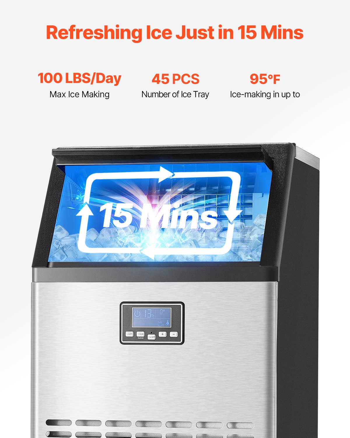 VEVOR Commercial Ice Maker Freestanding Cabinet Machine 100lbs/24H 45 Ice Cubes