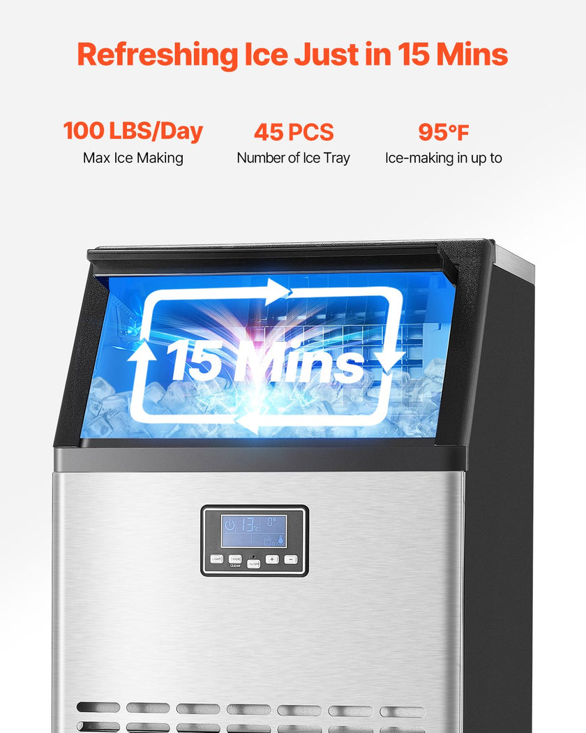 VEVOR Commercial Ice Maker Freestanding Cabinet Machine 100lbs/24H 45 Ice Cubes