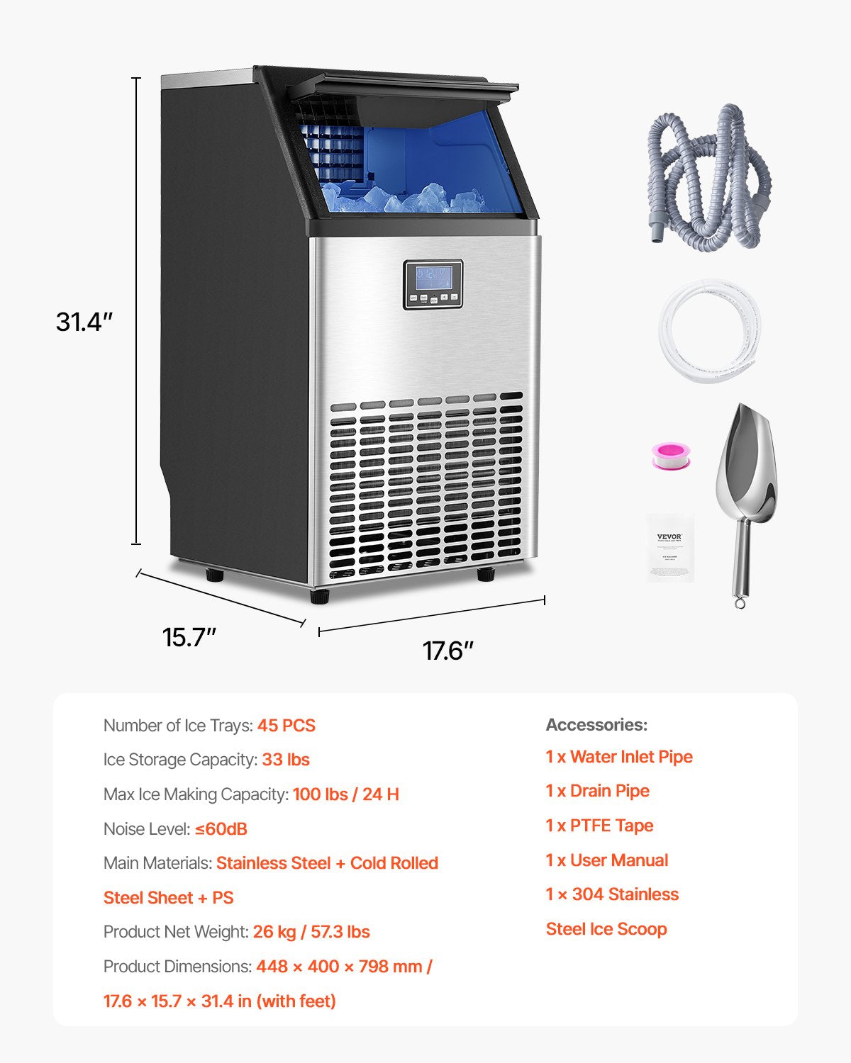 VEVOR Commercial Ice Maker Freestanding Cabinet Machine 100lbs/24H 45 Ice Cubes