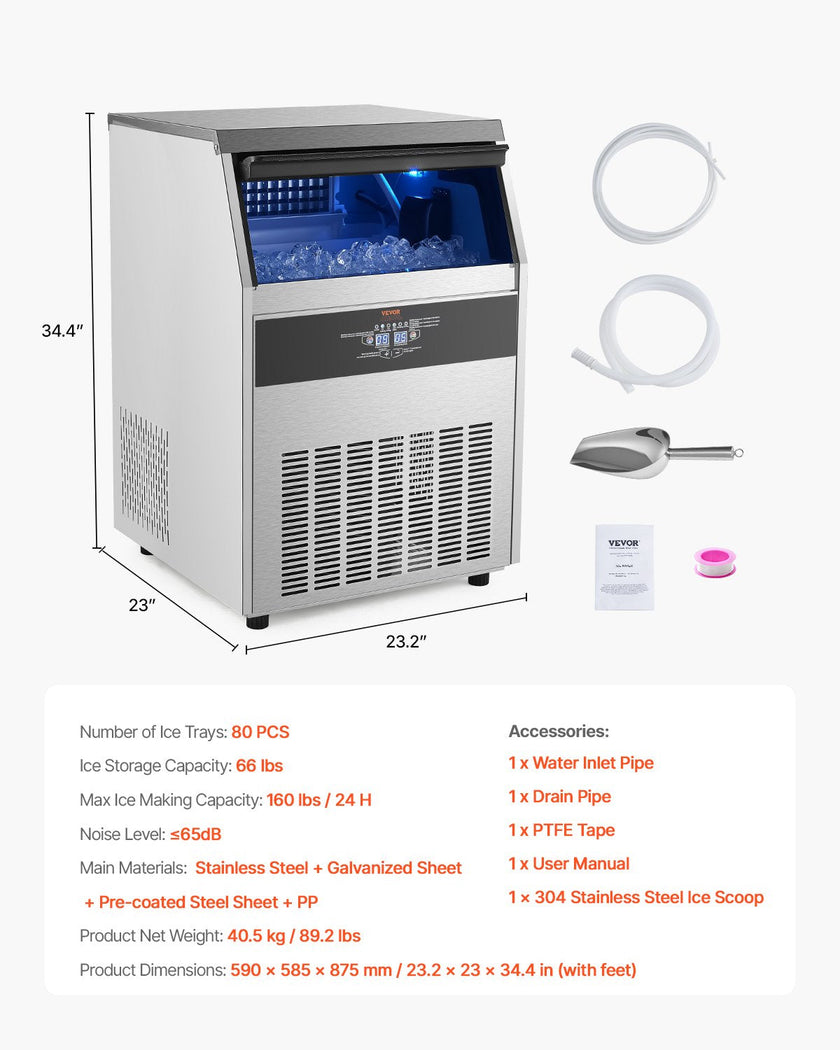 VEVOR Commercial Ice Maker Freestanding Cabinet Machine 160lbs/24H 80 Ice Cubes