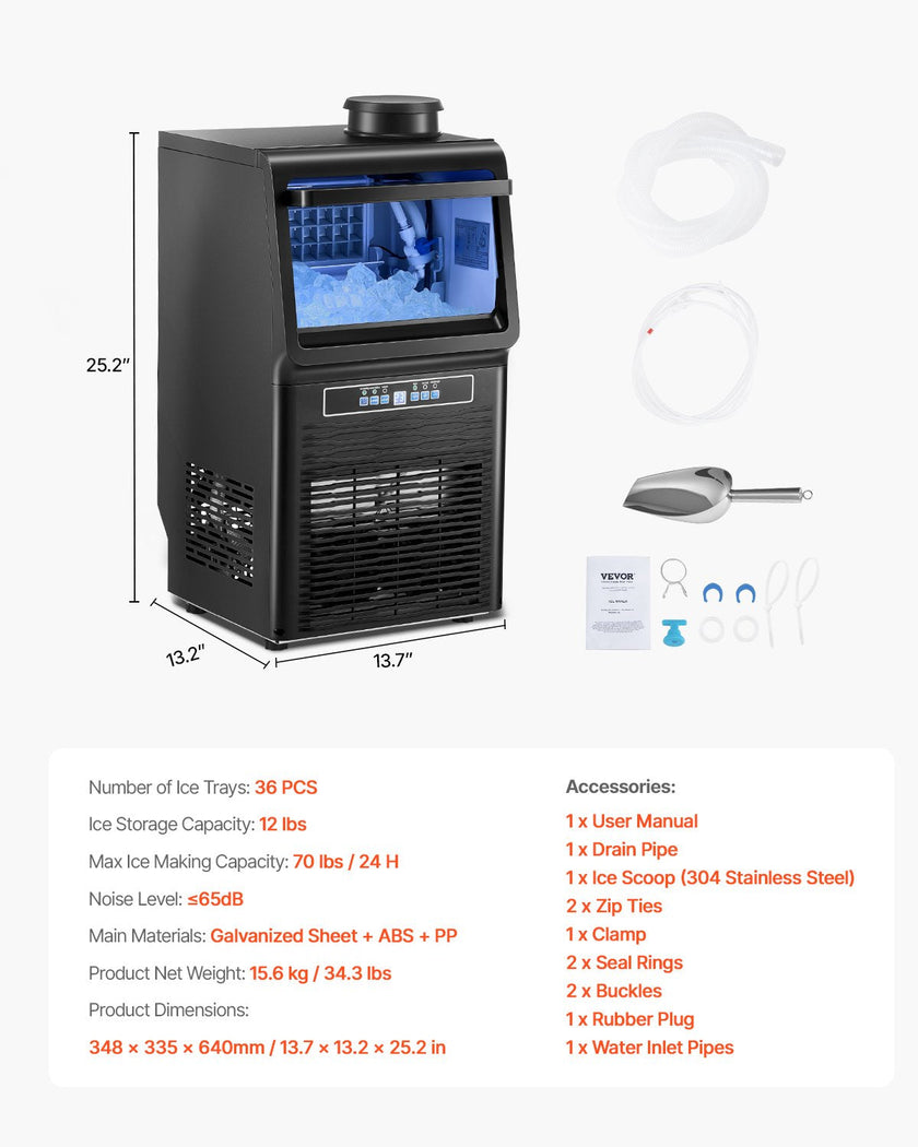 VEVOR Commercial Ice Maker Freestanding Cabinet Machine 70lbs/24H 36 Ice Cubes