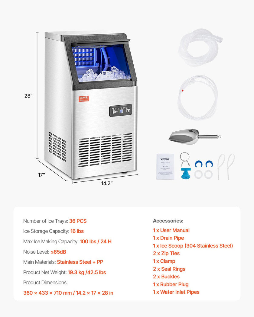 VEVOR Commercial Ice Maker Freestanding Cabinet Machine 100lbs/24H 36 Ice Cubes