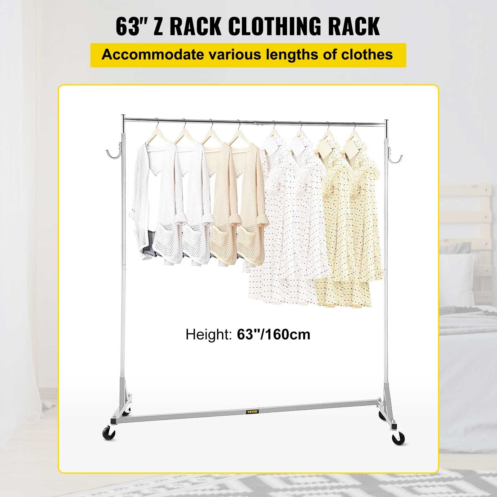 VEVOR Z Rack, Industrial Grade Z Base Garment Rack, Height Adjustable Rolling Z Garment Rack, Sturdy Steel Z Base Clothing Rack w/ Lockable Casters for Home Garment Store Display Commercial Use Silver