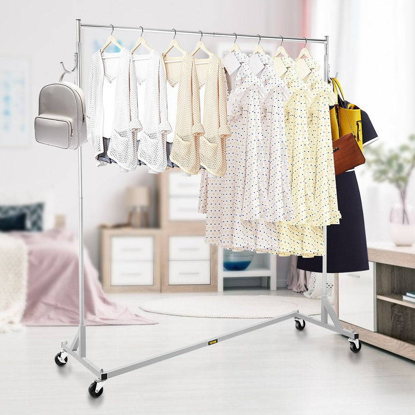 VEVOR Z Rack, Industrial Grade Z Base Garment Rack, Height Adjustable Rolling Z Garment Rack, Sturdy Steel Z Base Clothing Rack w/ Lockable Casters for Home Garment Store Display Commercial Use Silver
