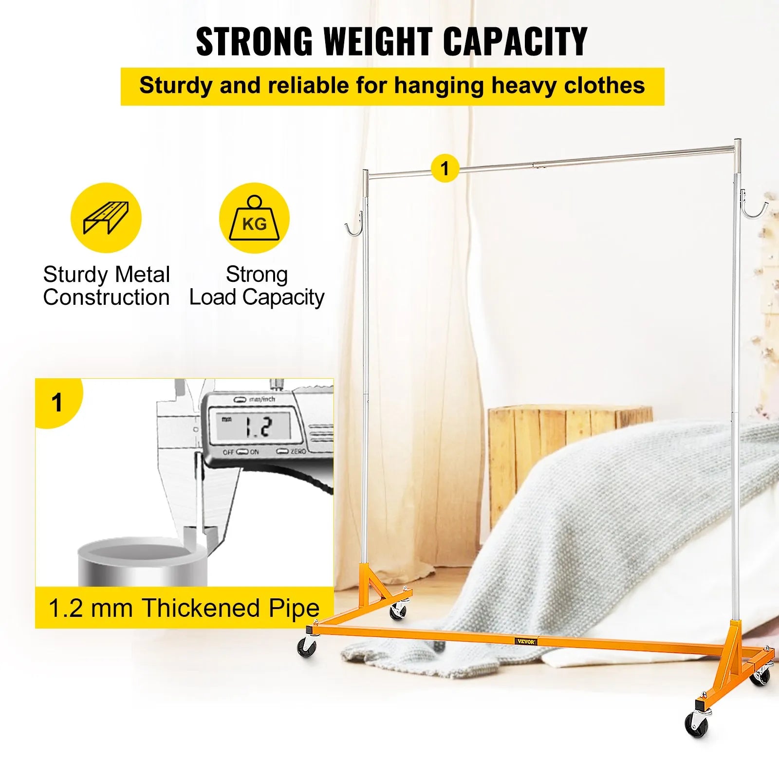 VEVOR Z Rack, Industrial Grade Z Base Garment Rack, Height Adjustable Rolling Z Garment Rack, Sturdy Steel Z Base Clothing Rack w/ Lockable Casters for Home Garment Store Display Commercial Use Orange