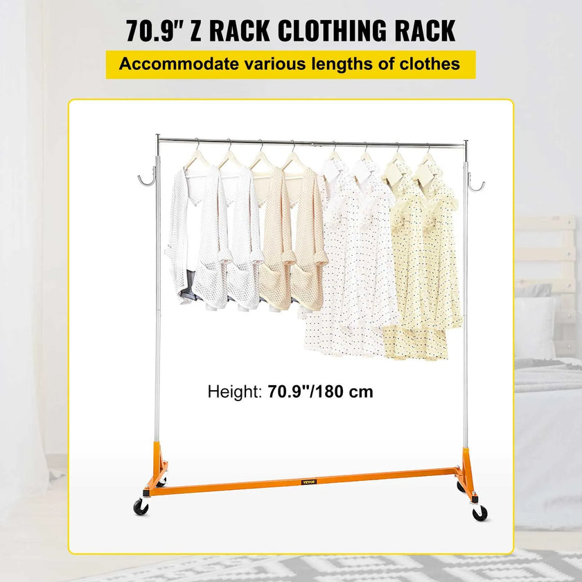 VEVOR Z Rack, Industrial Grade Z Base Garment Rack, Height Adjustable Rolling Z Garment Rack, Sturdy Steel Z Base Clothing Rack w/ Lockable Casters for Home Garment Store Display Commercial Use Orange