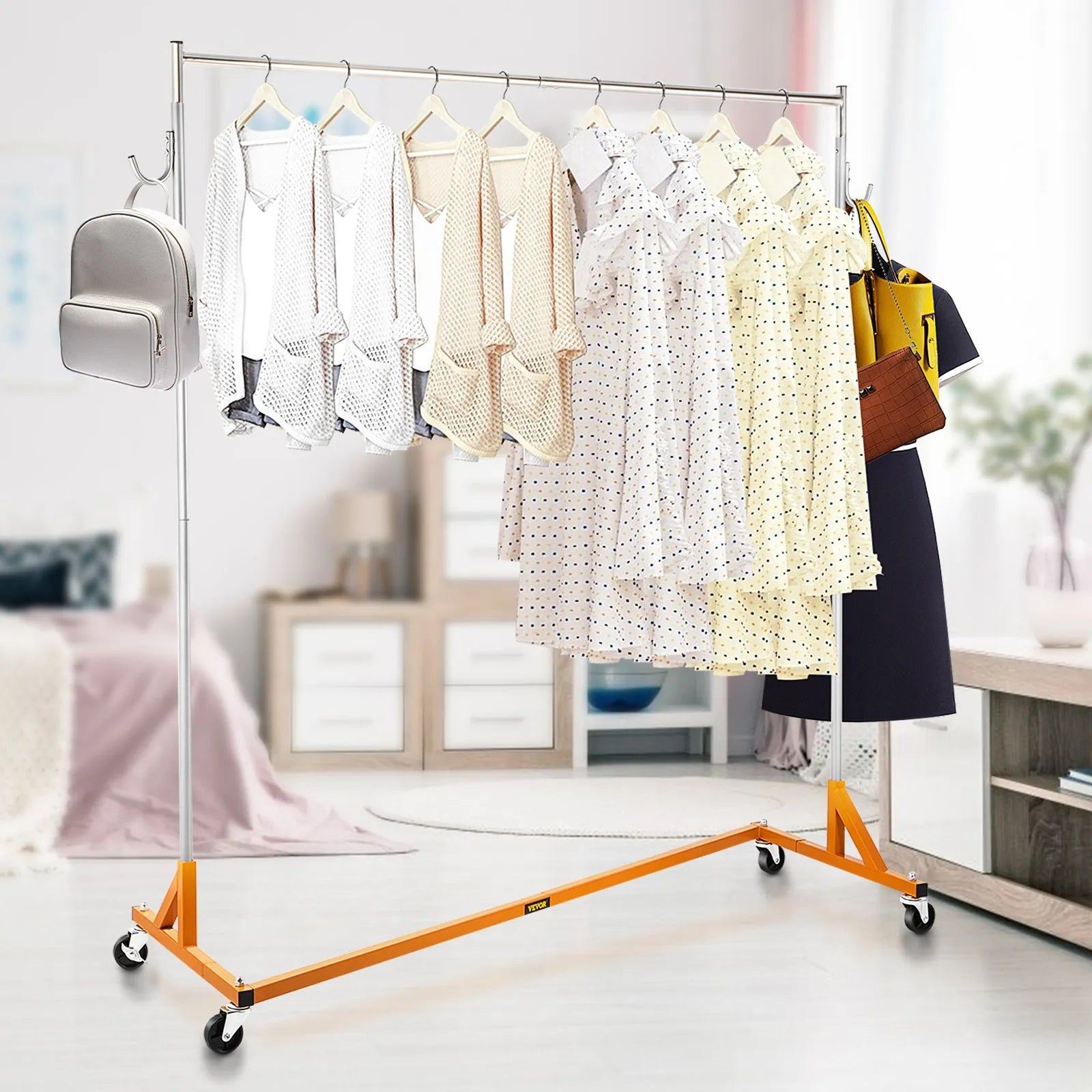 VEVOR Z Rack, Industrial Grade Z Base Garment Rack, Height Adjustable Rolling Z Garment Rack, Sturdy Steel Z Base Clothing Rack w/ Lockable Casters for Home Garment Store Display Commercial Use Orange