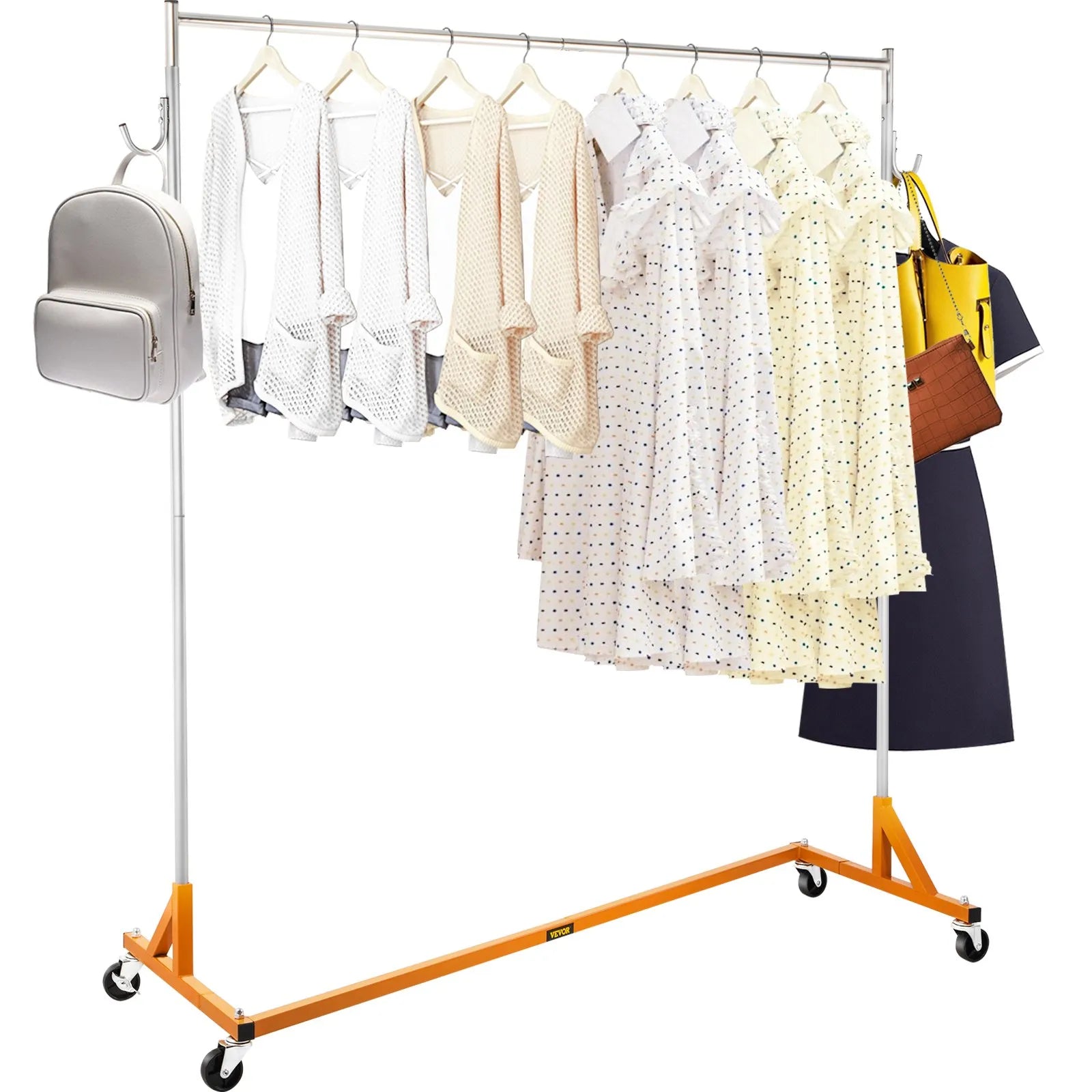 VEVOR Z Rack, Industrial Grade Z Base Garment Rack, Height Adjustable Rolling Z Garment Rack, Sturdy Steel Z Base Clothing Rack w/ Lockable Casters for Home Garment Store Display Commercial Use Orange