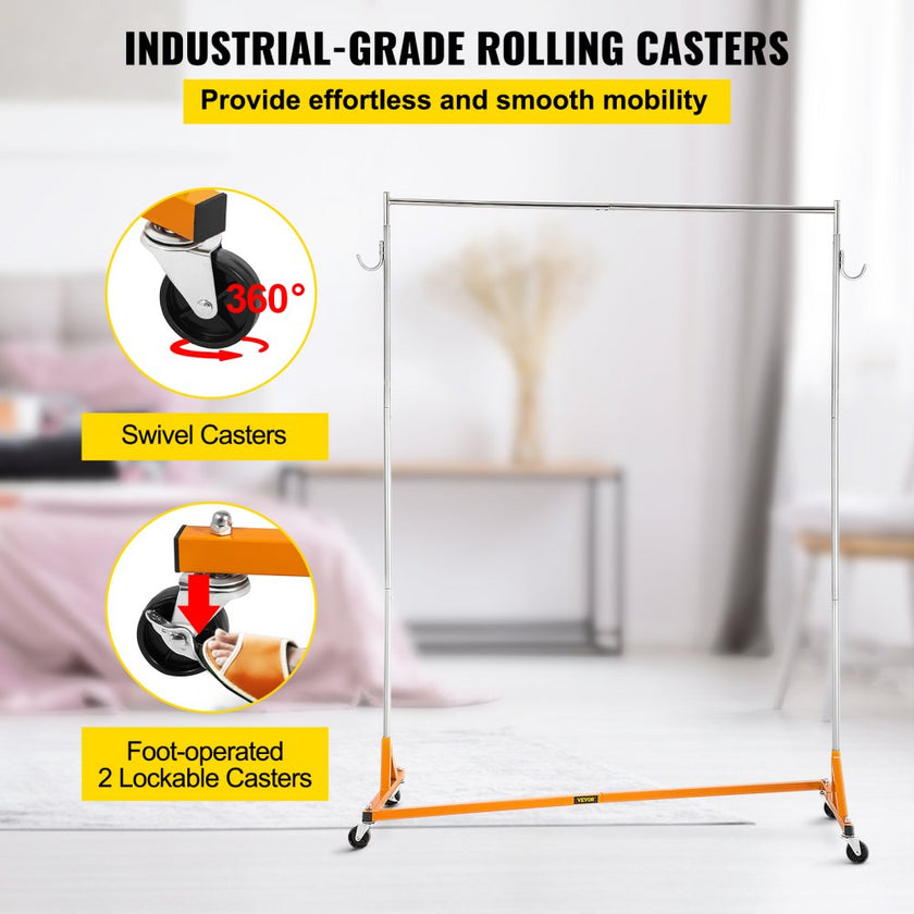 VEVOR Z Rack, Industrial Grade Z Base Garment Rack, Height Adjustable Rolling Z Garment Rack, Sturdy Steel Z Base Clothing Rack w/ Lockable Casters, for Home Clothing Store Display Orange (3 Sets)