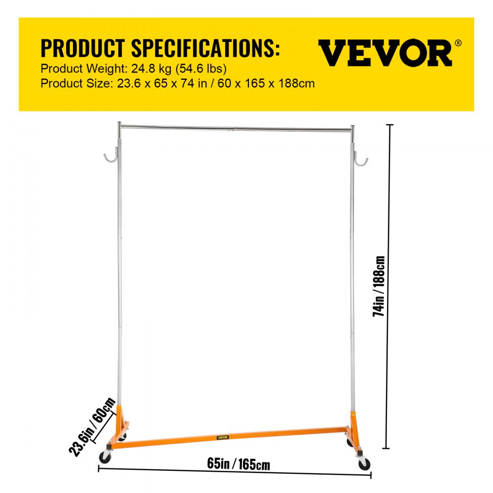 VEVOR Z Rack, Industrial Grade Z Base Garment Rack, Height Adjustable Rolling Z Garment Rack, Sturdy Steel Z Base Clothing Rack w/ Lockable Casters, for Home Clothing Store Display Orange (3 Sets)