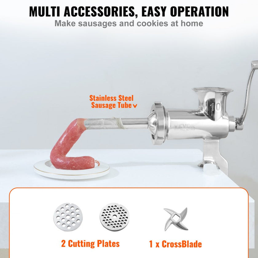 VEVOR Meat Grinders, All Parts Stainless Steel, Hand Operated Meat Grinding Machine with Tabletop Clamp, 2 Grinding Plates & Sausage Stuffer, Ideal for Home Kitchen Restaurant Butcher’s Shop