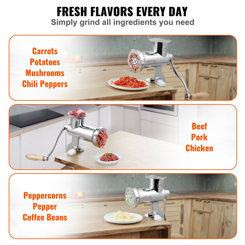 VEVOR Meat Grinders, All Parts Stainless Steel, Hand Operated Meat Grinding Machine with Tabletop Clamp, 2 Grinding Plates & Sausage Stuffer, Ideal for Home Kitchen Restaurant Butcher’s Shop