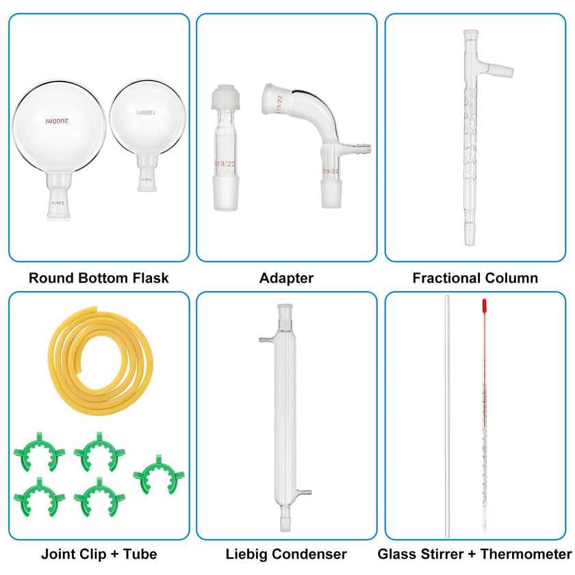 VEVOR Glass Organic Chemistry Kit 13pcs Distillation Kit 24/40 Joints Distillation Apparatus Borosilicate Glass Lab Glassware Kit w/ 1000ml Round Bottom Flask for Distillations Separation Purification