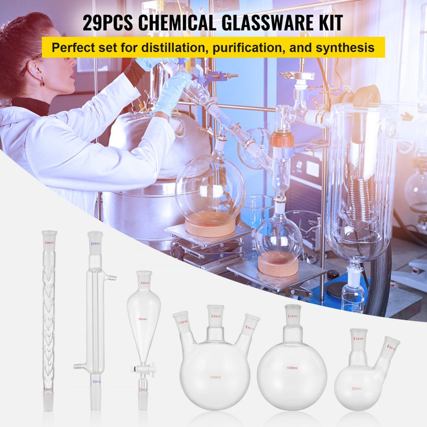 VEVOR New Laboratory Glassware 24/40 Chemistry Glassware 29PCS Chemistry Lab Glassware Kit 250 1000ml for Distillations Separation Purification Synthesis