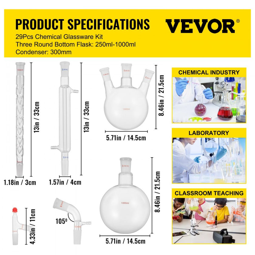 VEVOR New Laboratory Glassware 24/40 Chemistry Glassware 29PCS Chemistry Lab Glassware Kit 250 1000ml for Distillations Separation Purification Synthesis