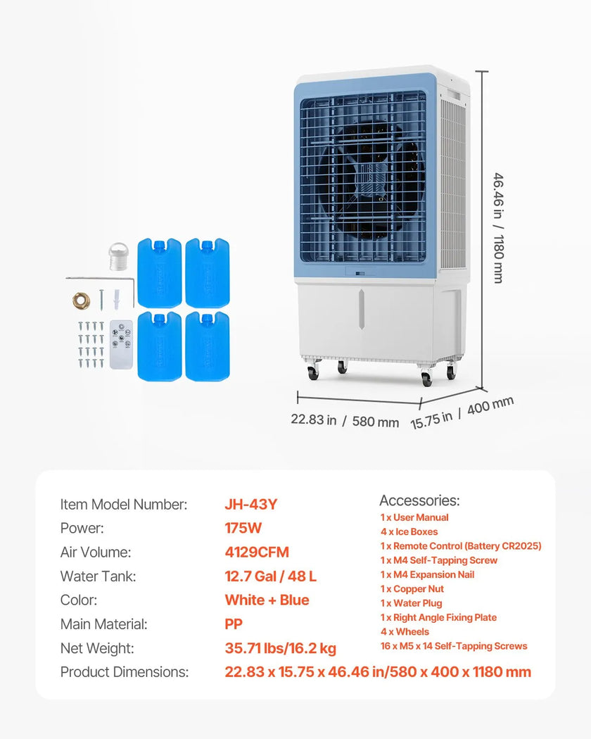 VEVOR Evaporative Air Cooler 4129 CFM 12.7 Gal Water Tank Portable Swamp Cooler