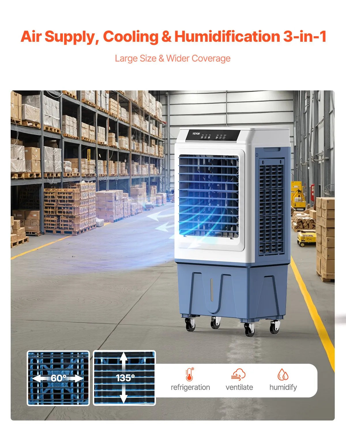 VEVOR Evaporative Air Cooler 3100 CFM 9 Gal Water Tank Portable Swamp Cooler