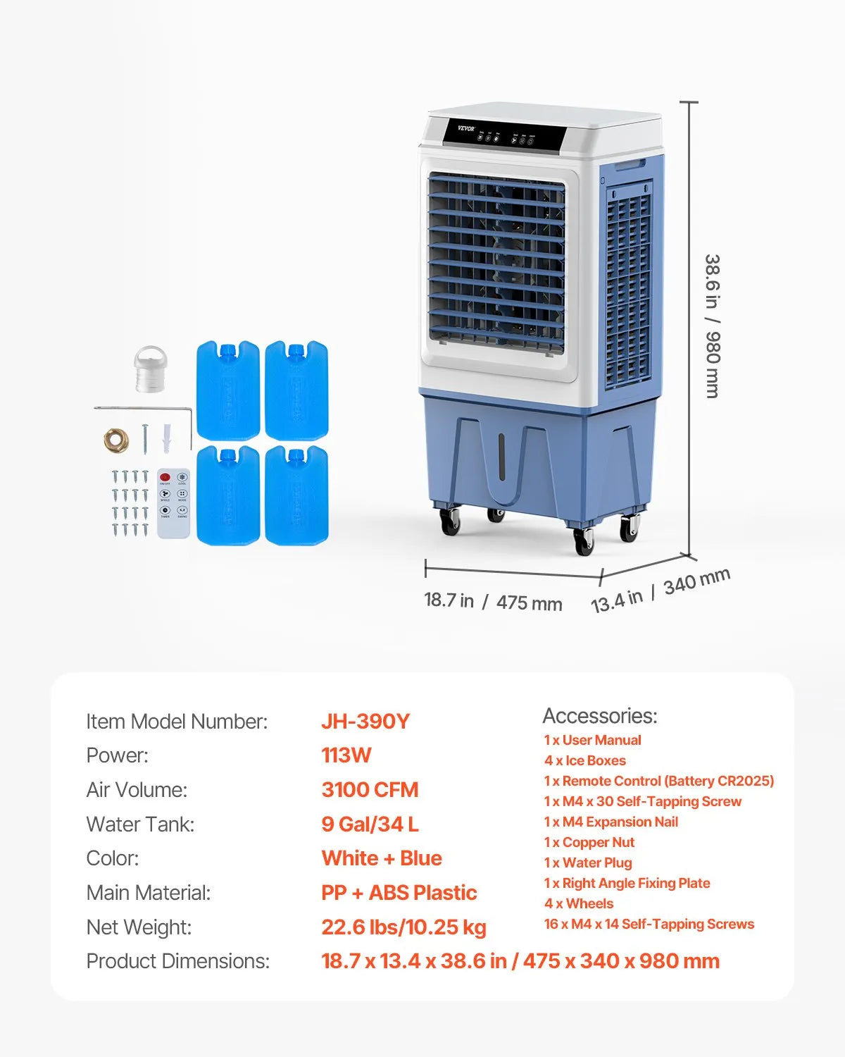 VEVOR Evaporative Air Cooler 3100 CFM 9 Gal Water Tank Portable Swamp Cooler