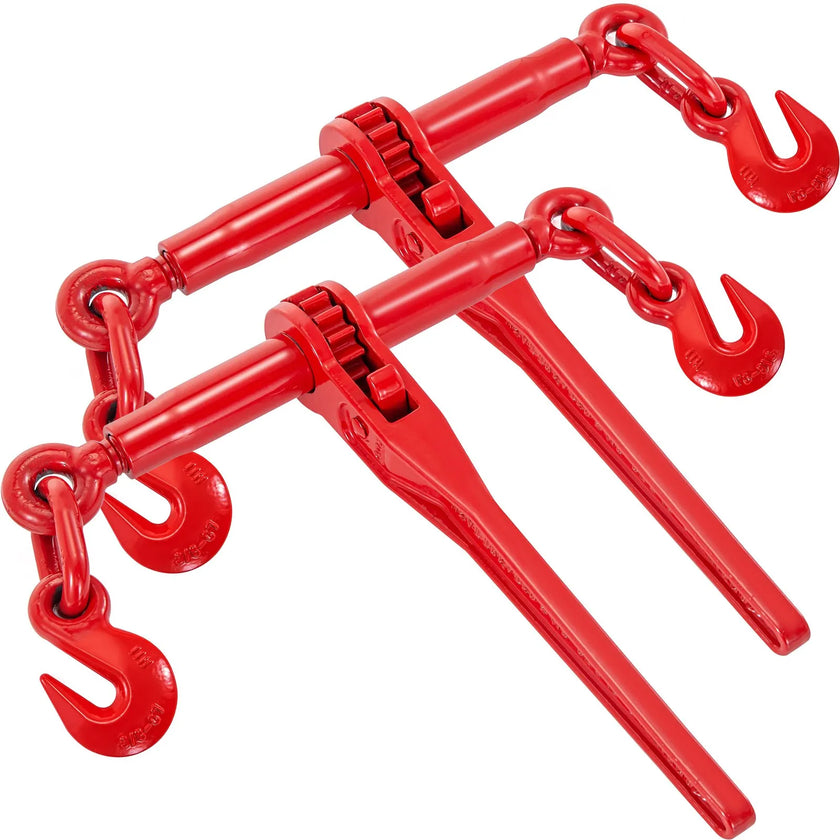 VEVOR Chain Binder 3/8in-1/2in, Ratchet Load Binder 9215lbs Capacity, Ratchet Lever Binder w/ G70 Hooks, Adjustable Length, Ratchet Chain Binder for Tie Down, Hauling, Towing, 2 Packs in Red