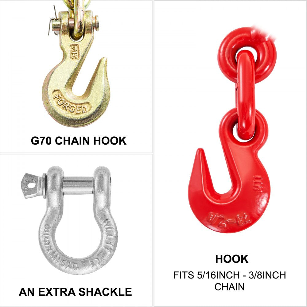 VEVOR Chain and Binder Kit 3/8in-1/2in, Ratchet Load Binders 9215lbs Working Strength, Ratchet Binders and Chains, 3/8in x 10ft Chains w/ G70 Hooks, for Truck, Tie Down, Hauling, Towing