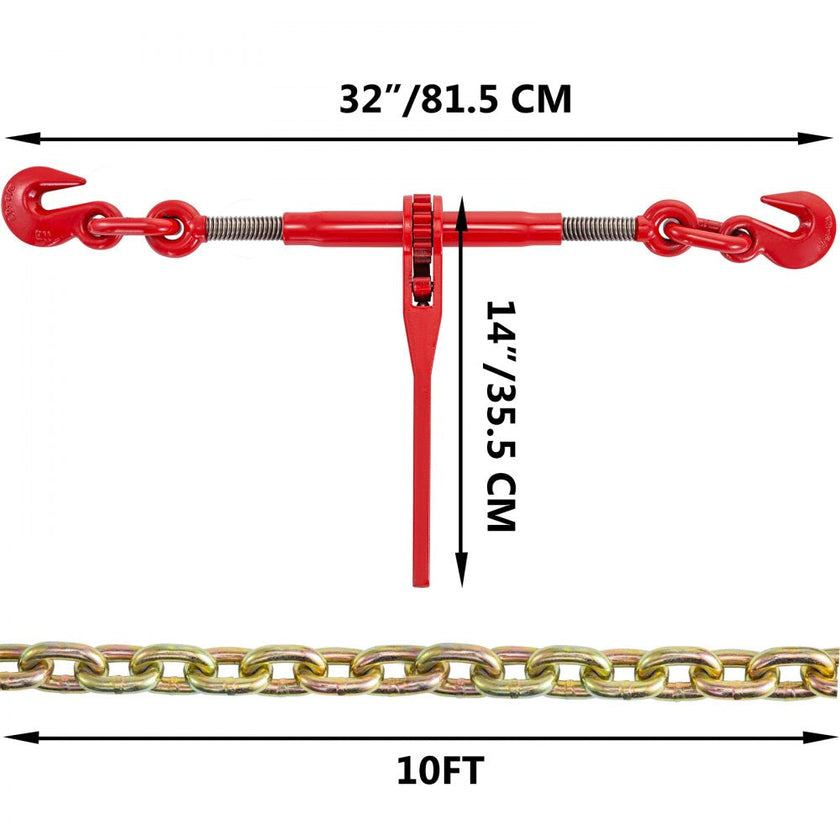 VEVOR Chain and Binder Kit 3/8in-1/2in, Ratchet Load Binders 9215lbs Working Strength, Ratchet Binders and Chains, 3/8in x 10ft Chains w/ G70 Hooks, for Truck, Tie Down, Hauling, Towing
