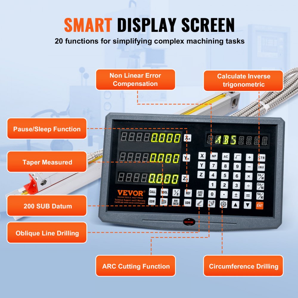VEVOR Digital Readout, 10'' & 20'' & 24'', Linear Scale 3 Axis DRO Display Kit with Support Rod Knife Holder Plate Transparent Watch Case Power Cord Watch Holder Butterfly Piece Screw Pack Ruler Cover