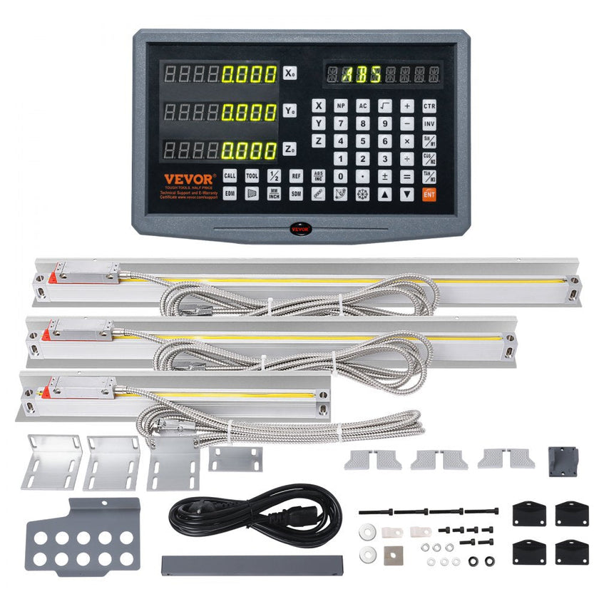 VEVOR Digital Readout, 10'' & 20'' & 24'', Linear Scale 3 Axis DRO Display Kit with Support Rod Knife Holder Plate Transparent Watch Case Power Cord Watch Holder Butterfly Piece Screw Pack Ruler Cover
