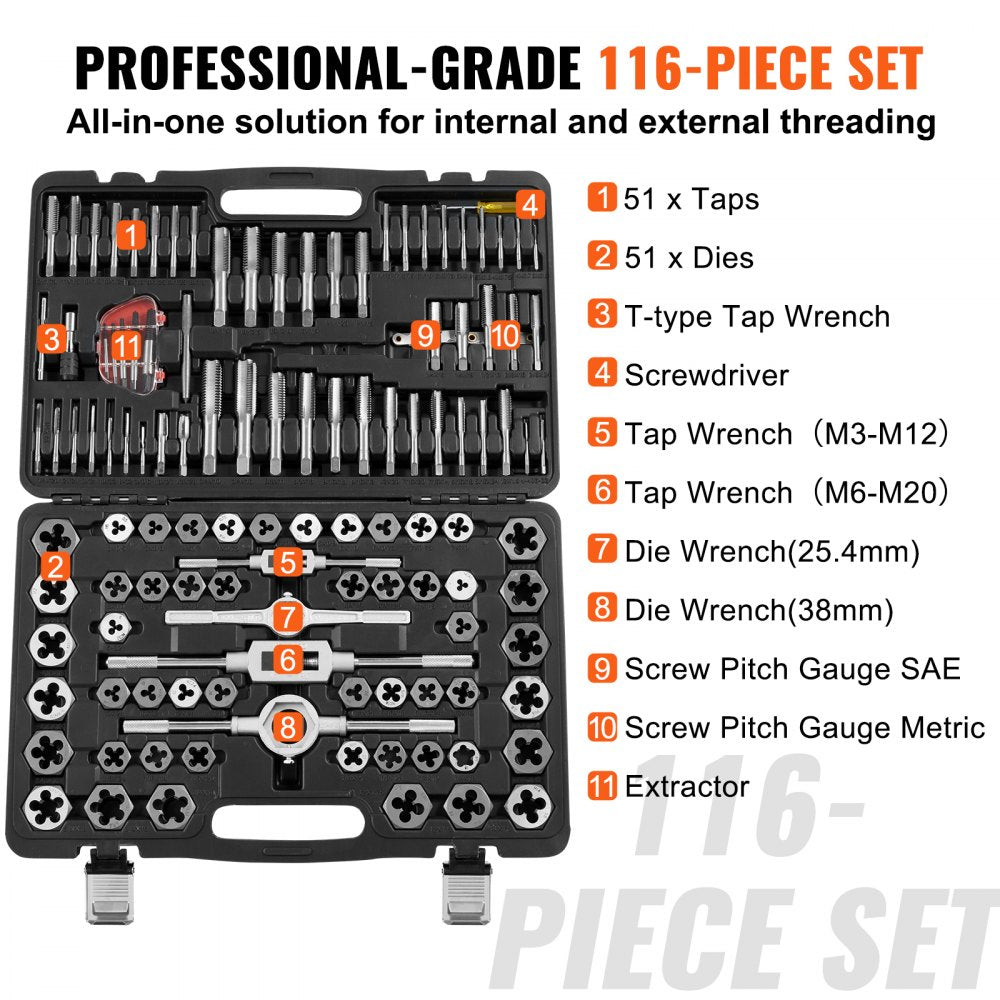 VEVOR Tap and Die Set, 116-Piece Include Metric and SAE Size, Bearing Steel Taps and Dies, Essential Threading Tool for Cutting External Internal Threads, with Complete Accessories and Storage Case