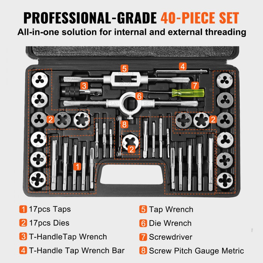 VEVOR Tap and Die Set, 40-Piece Include Metric Size M3 to M12, Bearing Steel Taps and Dies, Essential Threading Tool for Cutting External Internal Threads, with Complete Accessories and Storage Case