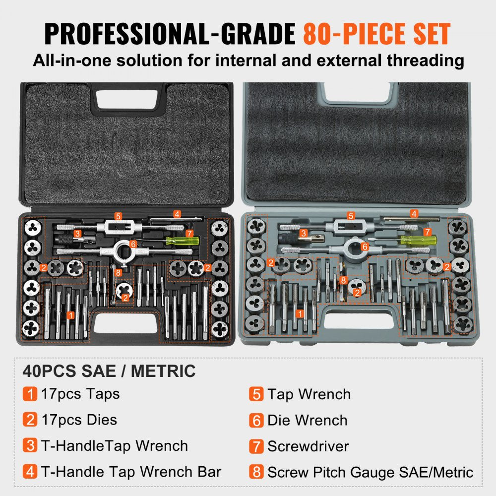 VEVOR Tap and Die Set, 80-Piece Metric and SAE Standard, Bearing Steel Taps and Dies, Essential Threading Tool for Cutting External Internal Threads, with Complete Accessories and Storage Case