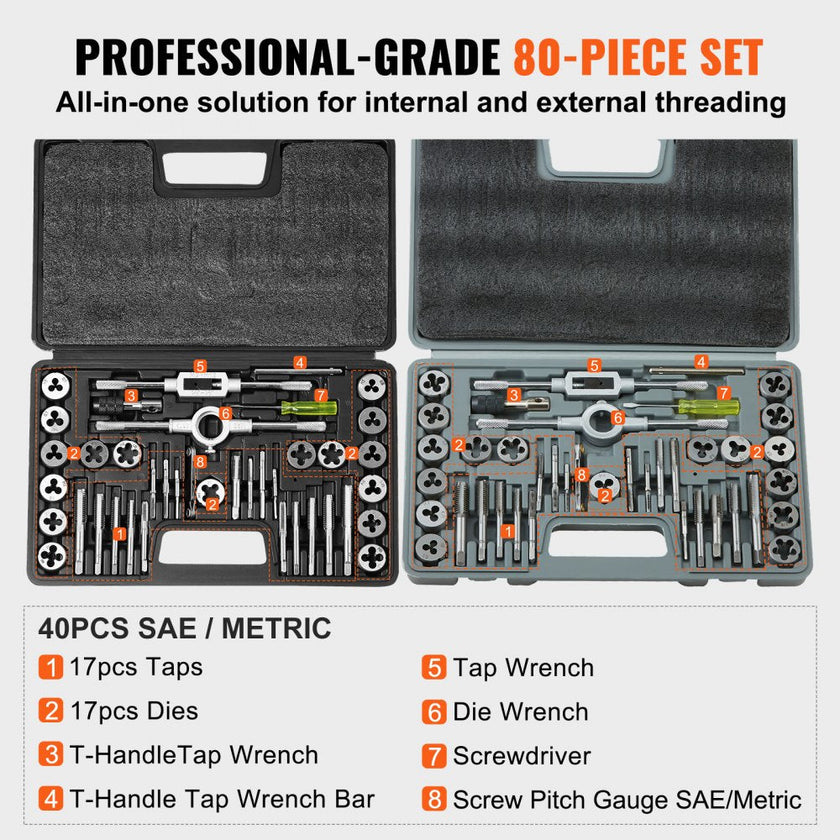 VEVOR Tap and Die Set, 80-Piece Metric and SAE Standard, Bearing Steel Taps and Dies, Essential Threading Tool for Cutting External Internal Threads, with Complete Accessories and Storage Case