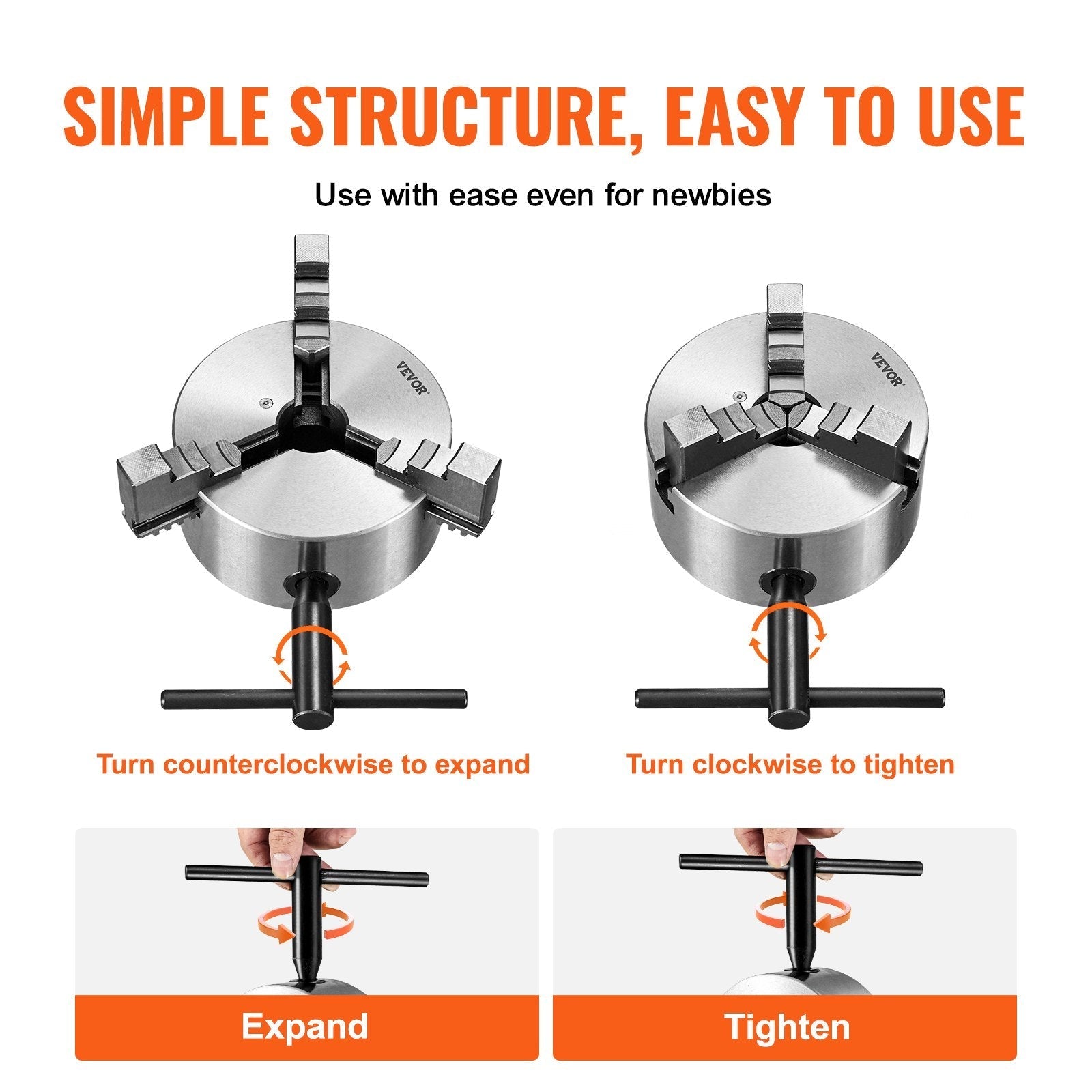 VEVOR 3-Jaw Lathe Chuck, 6'', Self-Centering Lathe Chuck, 0.14- 6.3 in/3.5-160 mm Clamping Range with T-key Fixing Screws Reversible Jaws, for Lathe 3D Printer Machining Center Milling Drilling Machin