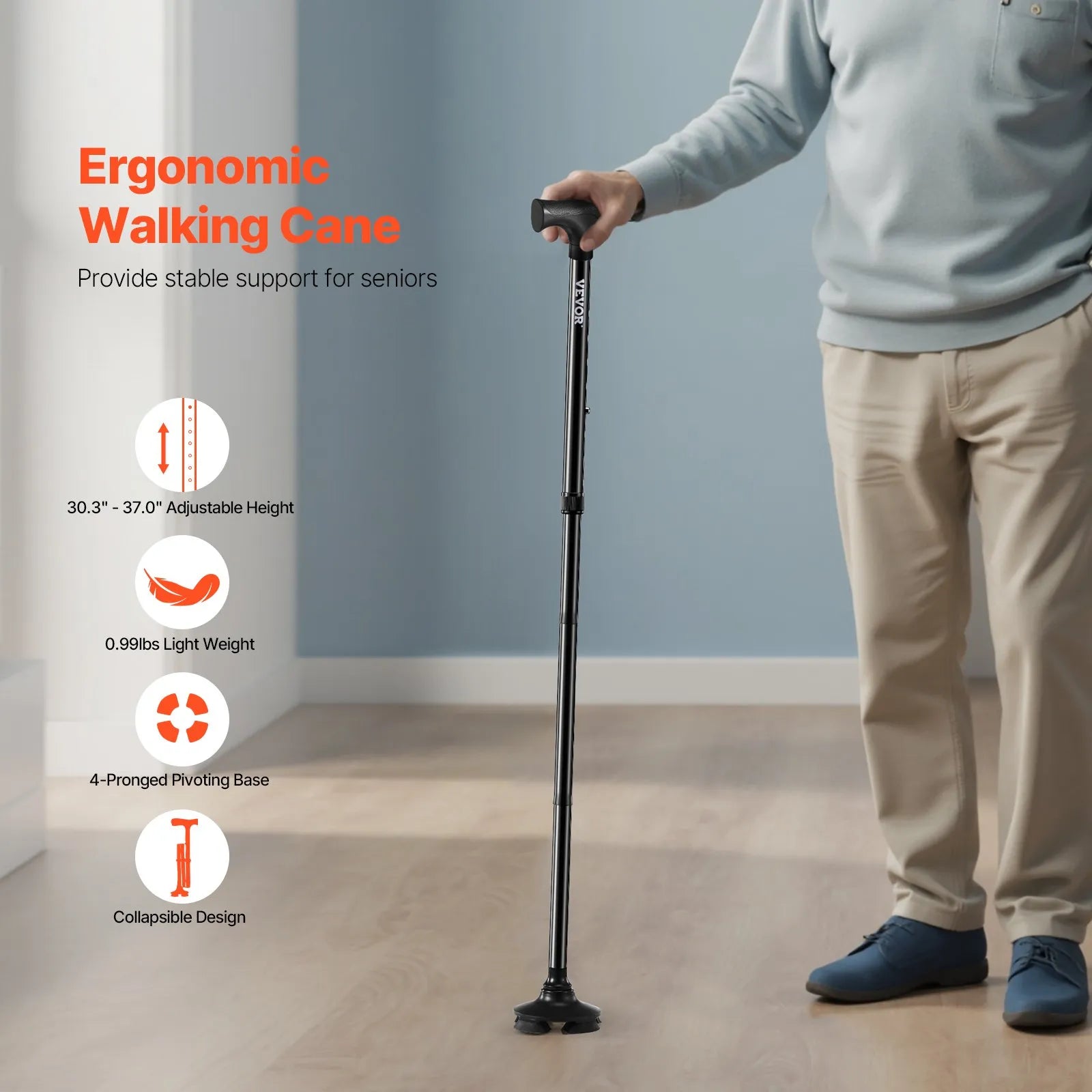 VEVOR Walking Cane Folding Walking Stick 8-Level Height 4-Pronged Pivoting Base