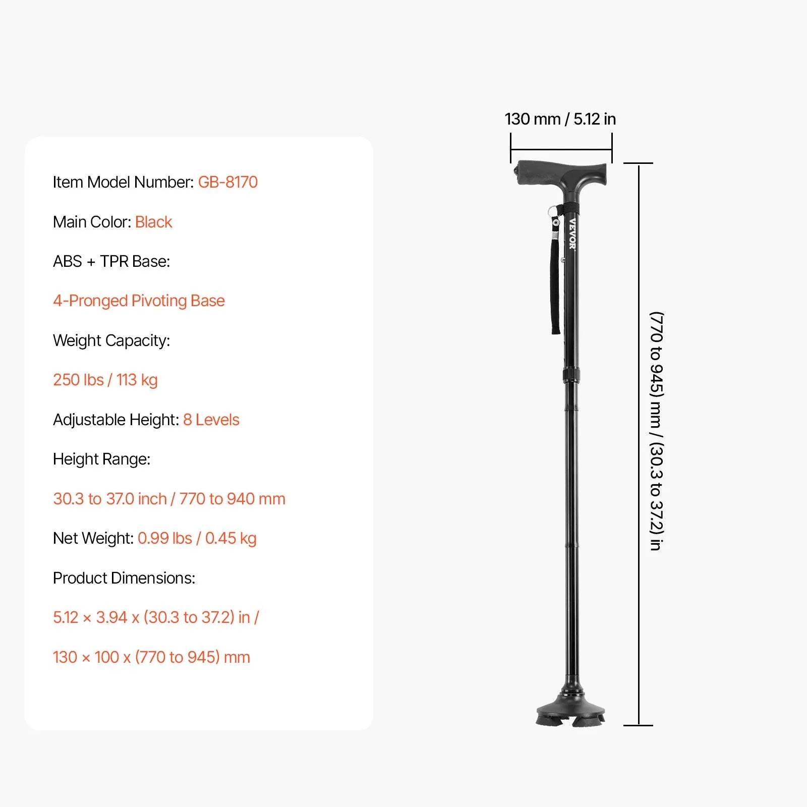 VEVOR Walking Cane Folding Walking Stick 8-Level Height 4-Pronged Pivoting Base