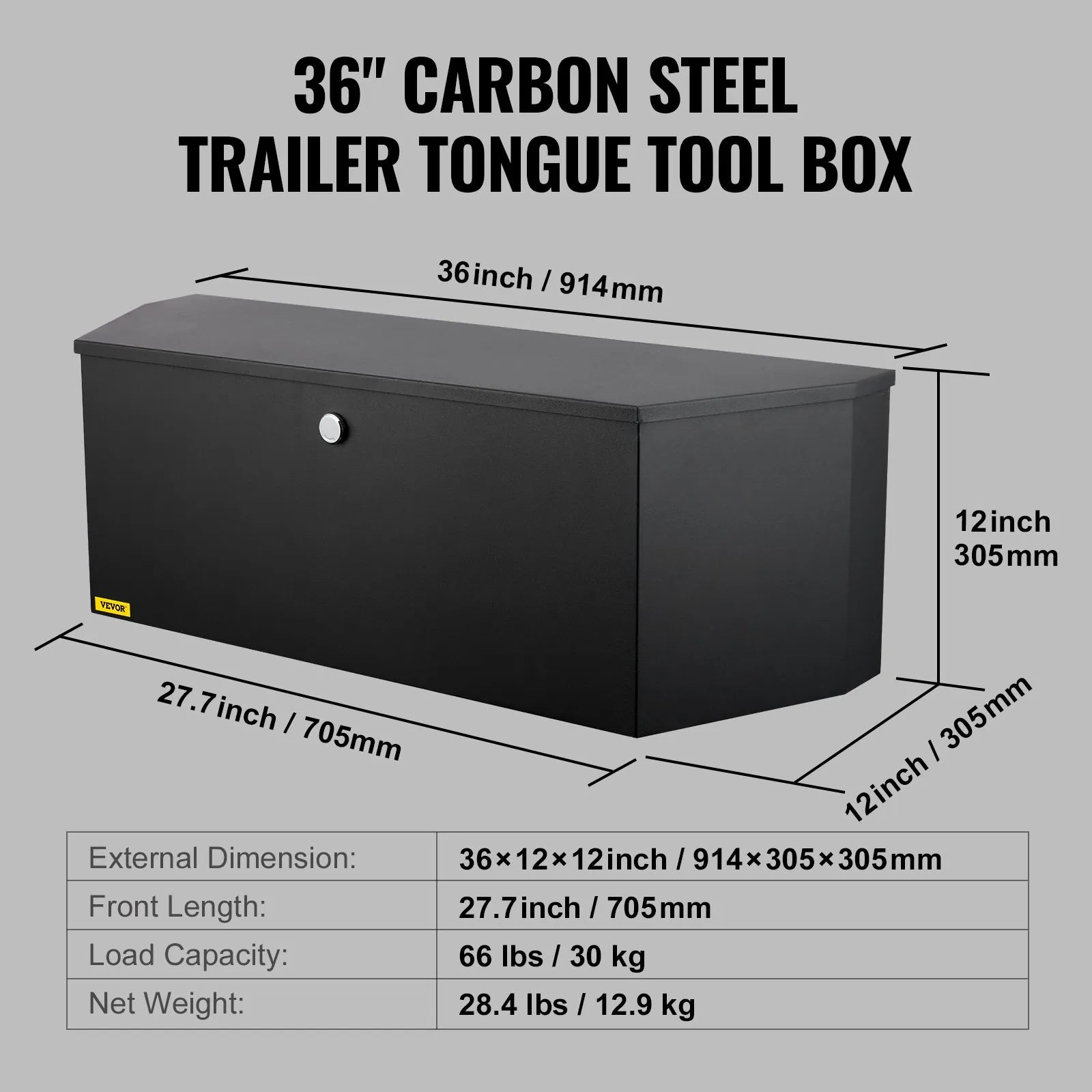 VEVOR Trailer Tongue Box, Carbon Steel Tongue Box Tool Chest, Heavy Duty Trailer Box Storage with Lock and Keys, Utility Trailer Tongue Tool Box for Pickup Truck Bed, RV Trailer, 36