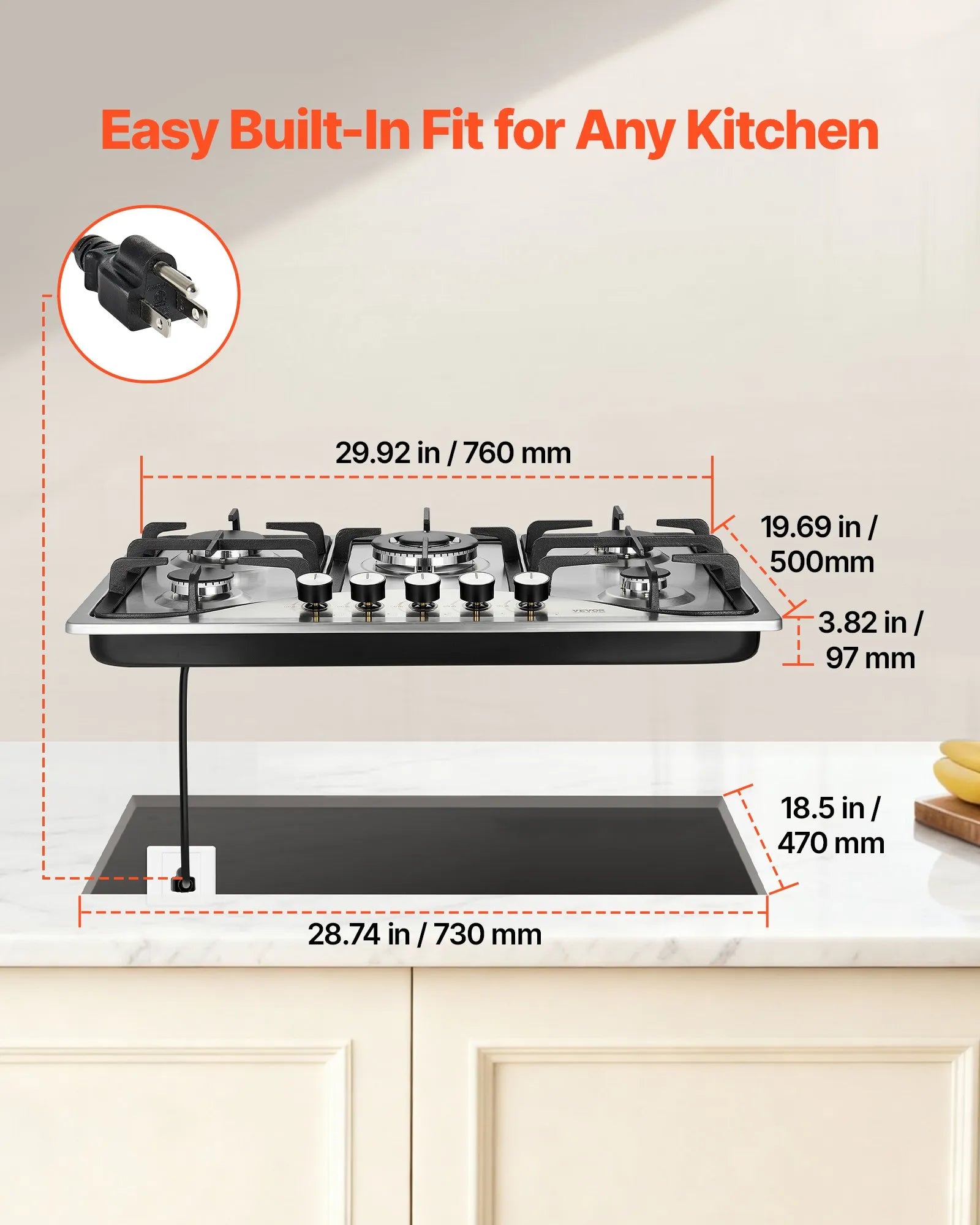 VEVOR Gas Cooktop 30 inch, Max 12250BTU 5 Burners Built-in Stainless Steel Gas Stove Top, LPG/NG Convertible Dual Fuel Natural Gas Hob with Thermocouple Protection