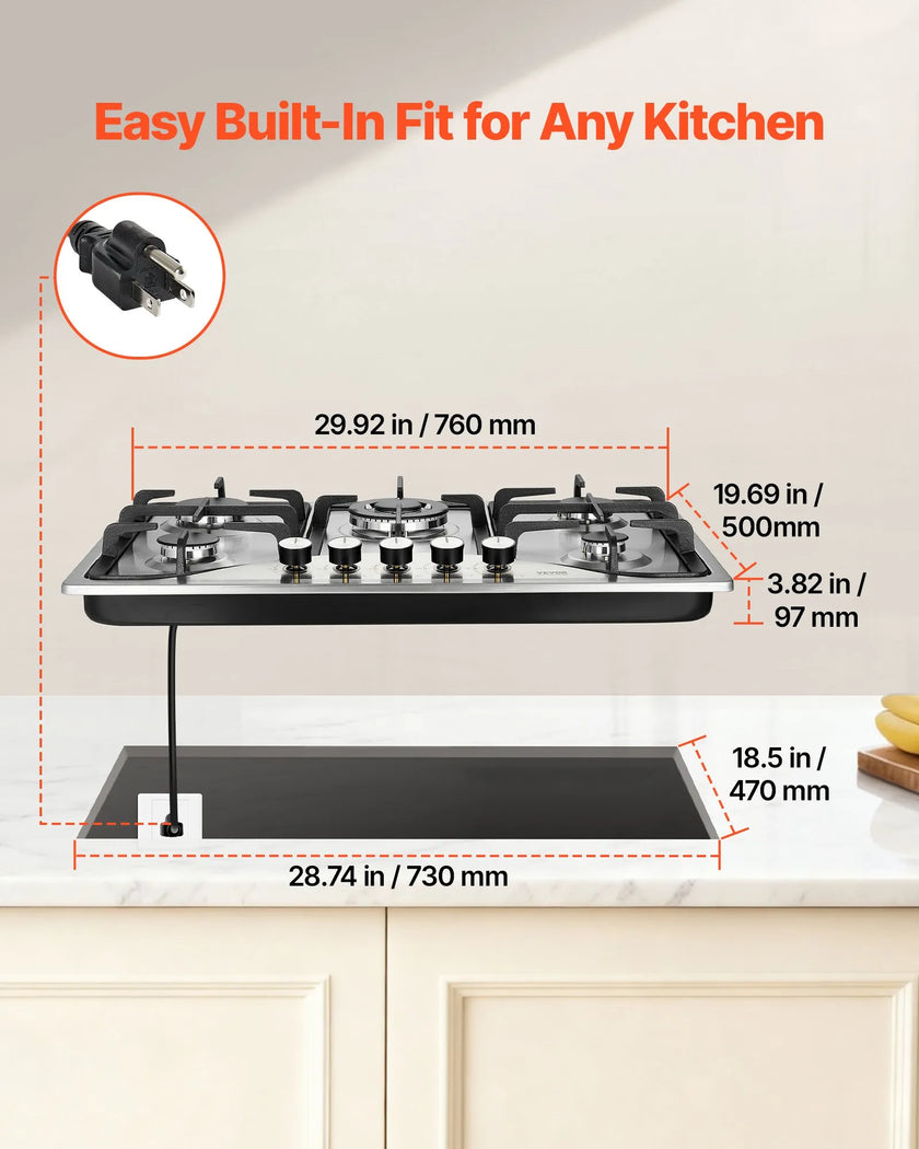 VEVOR Gas Cooktop 30 inch, Max 12250BTU 5 Burners Built-in Stainless Steel Gas Stove Top, LPG/NG Convertible Dual Fuel Natural Gas Hob with Thermocouple Protection